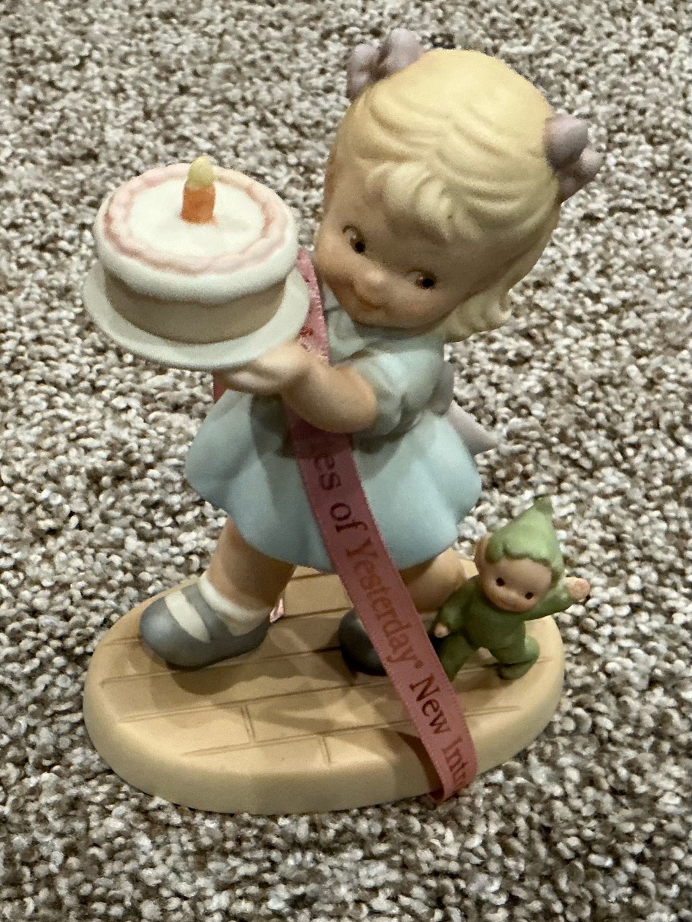 Vintage Style Ceramic Birthday Girl Figurine in Pastel Blue and Pink